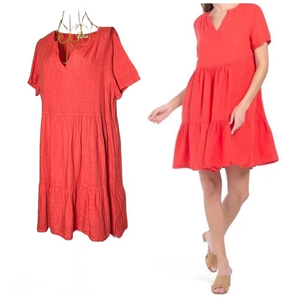 Francesca Bettini Linen Tiered Coral Babydoll Dress w/ V-Neck & Short Sleeves, M